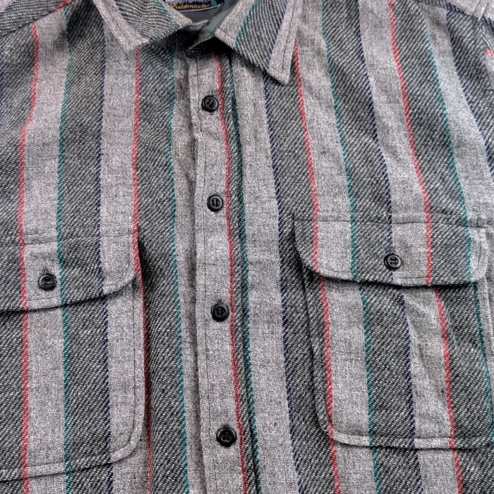 Fieldmaster Mens Wool Blend Striped Flannel Shirt Gray Red Green Large Vintage
